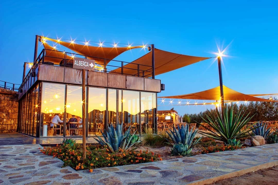 Almatierra’s glass-fronted dining room, shade sails, and agave garden at dusk.